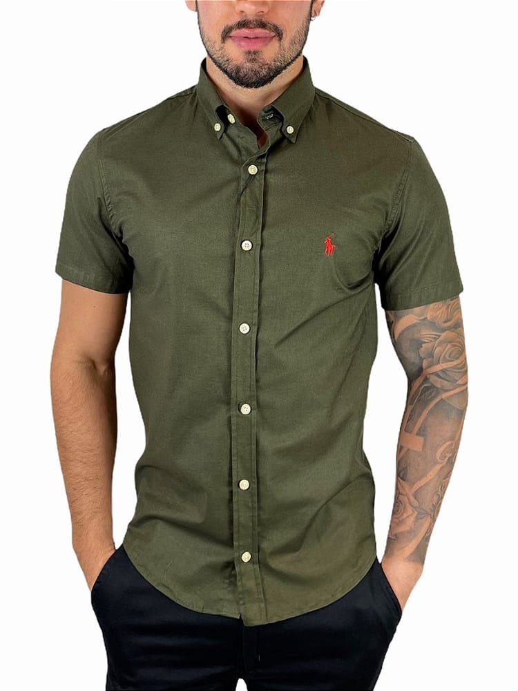 Camisa Hombre Verde Militar Manga Corta - Golden Wear Colombia